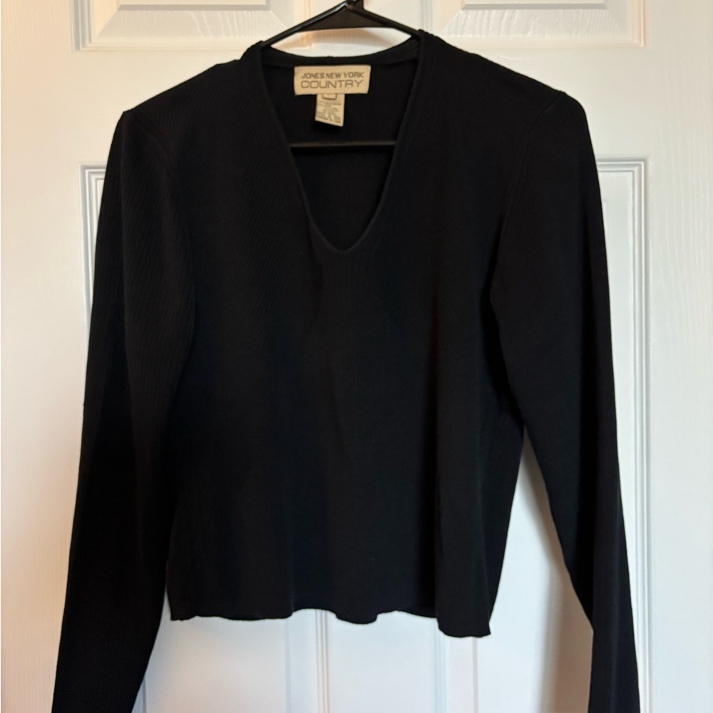 Jones New York Country Classic Black Long Sleeve V-Neck Top